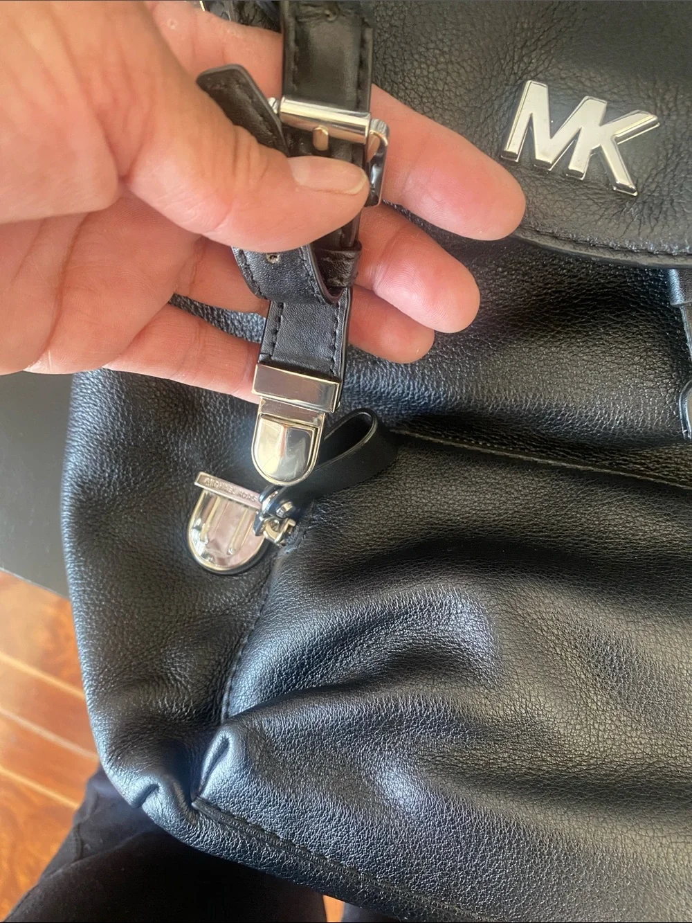 Michael Kors Black Leather Mini Backpack with Gold MK Logo